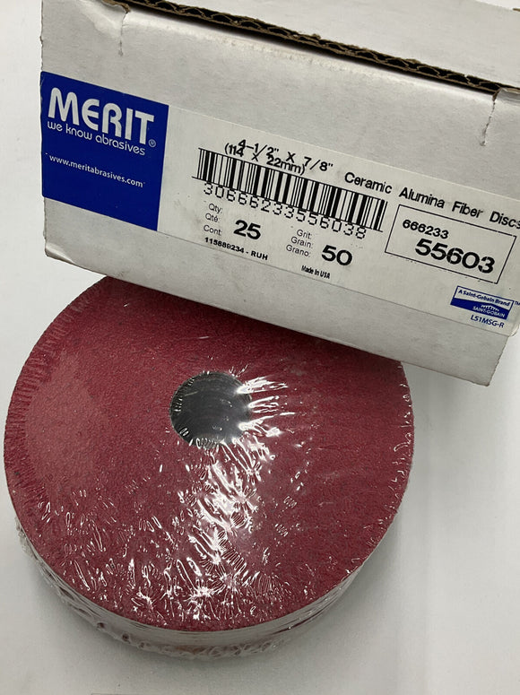 Merit Abrasives 4-1/2" x 7/8" Grit 50 Ceramic Fiber Sanding Discs.  25 pc