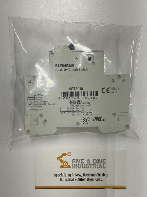 Siemens 5SY41 Circuit Breaker MCB-A2 2 Amp   w/ 5ST3010 Auxiliary Switch