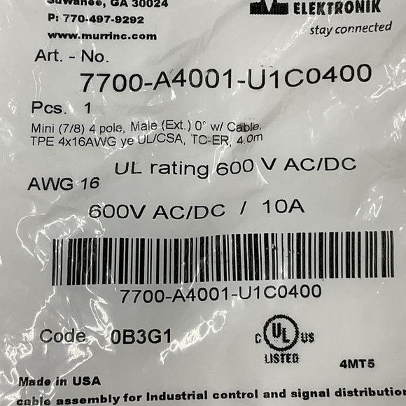 Murr 7700-A4001-U1C0400 Mini 7/8" 4 Pole, Male Power Cable 4 Meters