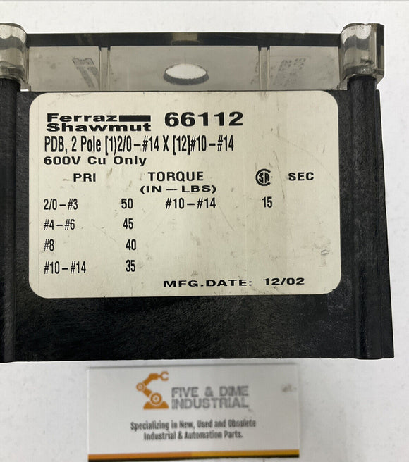 Ferraz Shawmut 66112 2-Pole Power Distribution Box w/ Cover 600V