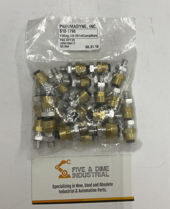 Pneumadyne S10-1796 Package of (25) 1/4-20 to 1/4 Push Fittings