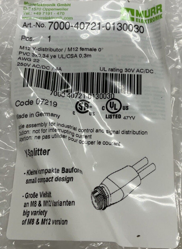 Murr Elektronik 7000-40721-0130030 M12 Y-Splitter 0.3Meter