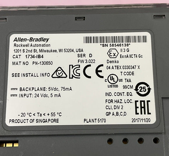 Allen Bradley 1734-IB4 Ser. D 24 VDC Sink Input Module FW 3.022