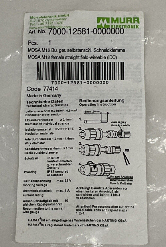 Murr 7000-12581-0000000 MOSA M12 Female Straight Field Connector 5-Pole