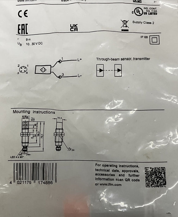 IFM Efector OGS-OOKG/US/90° / OG5129 Sensor 10-30 VDC 9M