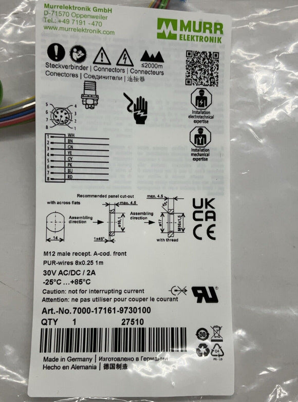 Murr 7000-17161-9730100 M12 8-Pole Male Receptacle Front Mount 1-Meter