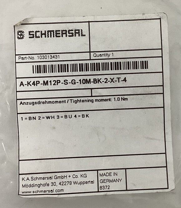 Schmersal 103013431 10 Meter 4-Pole Cable A-K4P-M12P-S-G-10M-BK-2-X-T-4