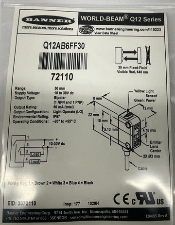Banner Q12AB6FF30 Photoelectric Sensor 72110 Mini Visible Red