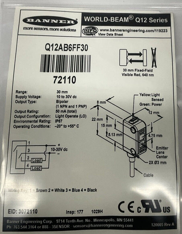 Banner Q12AB6FF30 Photoelectric Sensor 72110 Mini Visible Red