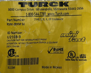 Turck RSM-2RKM-50 5-Pin Minifast T Connector U2109-9 - 0