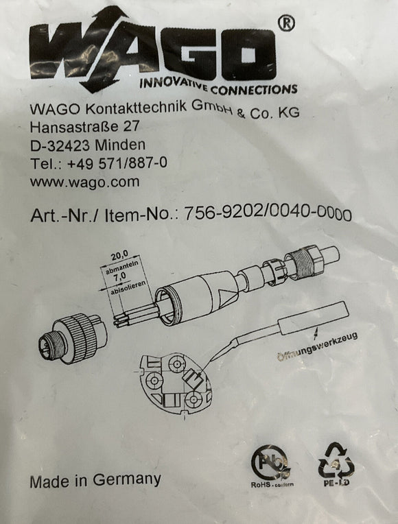 Wago 756-9202/0040-0000 Fitted Pluggable Connector 4-Pole M12