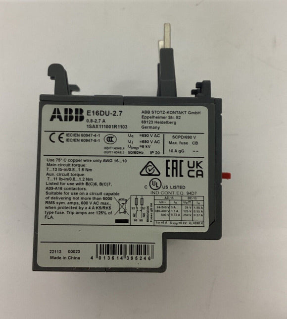 ABB 1SAX11100R1103 / E16DU-2.7 Overload Relay 0.8-2.7 Amp 3-Phase 690V Max