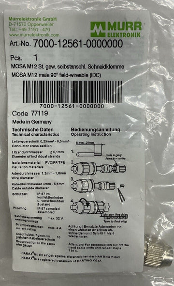 Murr 7000-12561-0000000 Mosa M12 Male 90 Degree Field Connector