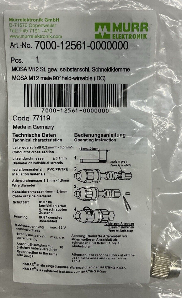 Murr 7000-12561-0000000 Mosa M12 Male 90 Degree Field Connector