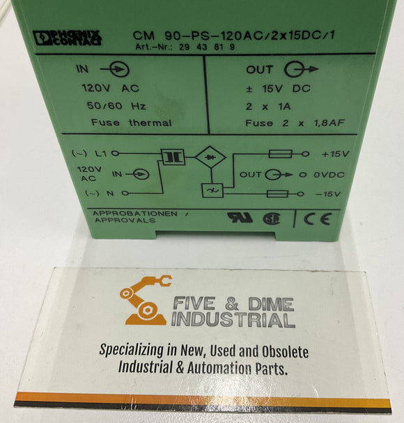 Phoenix Contact 2443819 Power Supply 15V  CM 90-PS-120AC/2x15DC/1