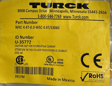 Turck WKC4.4T-O.3-WSC4.4T/S3060 Cable U-35772 90 Deg. 0.3M - 0