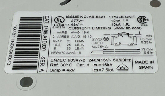 Allen Bradley 1489-A1D020 Ser.A  Circuit Breaker 2-Amp