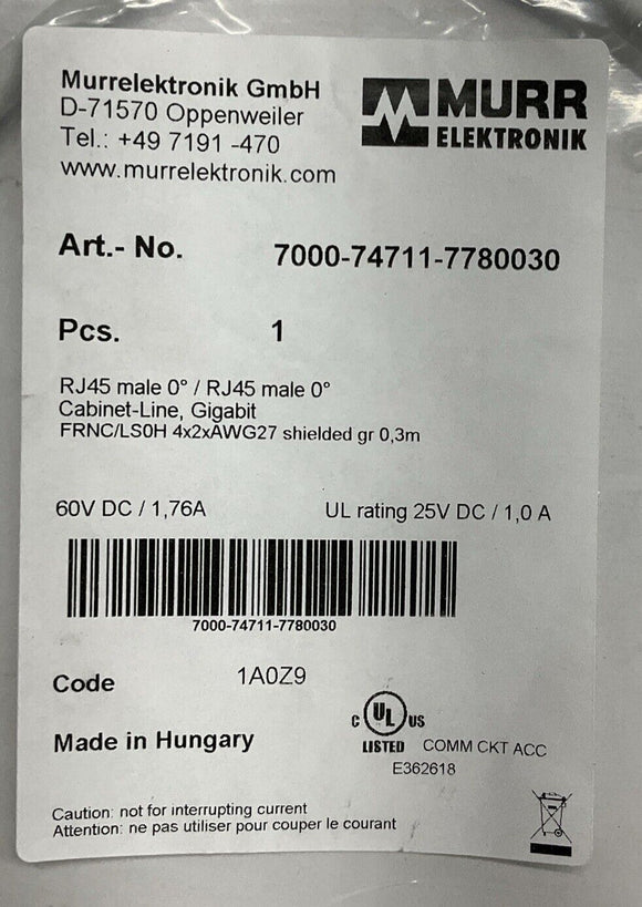 Murr 7000-74711-7780030 Gigabit Shielded RJ45 Male/Male 0.3 Meter Cable