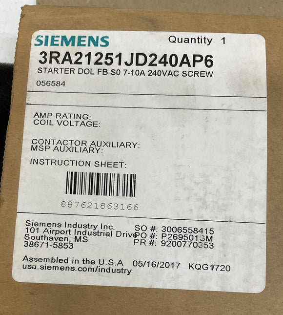 Siemens 3RA21251JD240AP6 FastBus Combination Starter 7-10 Amps 240 Vac