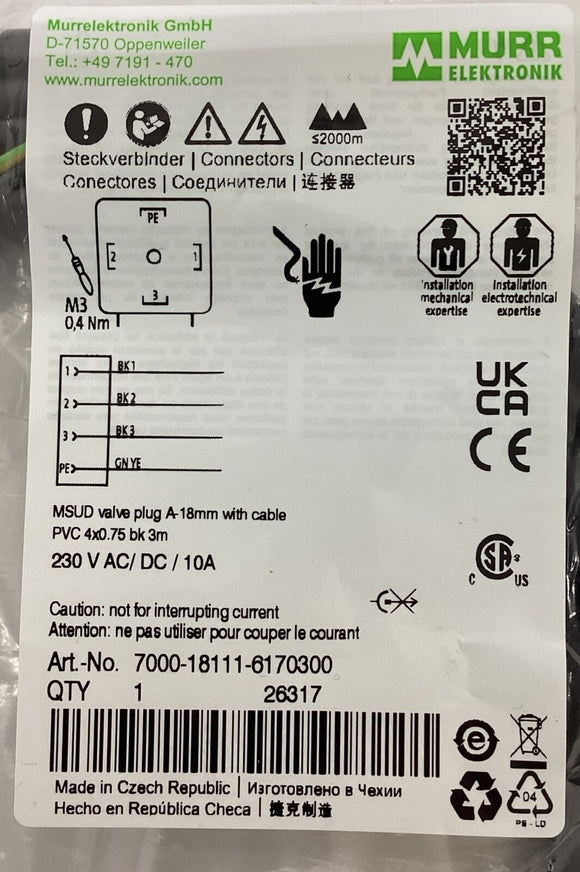 Murr 7000-18111-6170300 4-Wire MSUD Valve Plug A-18mm 3 Meter