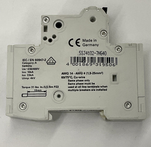 Siemens 5SJ4102-7HG40 HSJ Circuit Breaker 2 Amp Din Mount