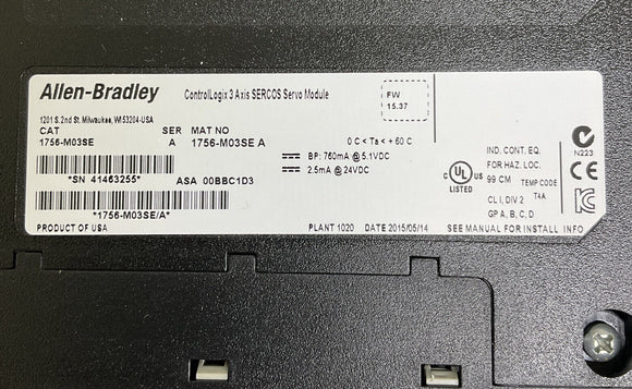 Allen Bradley 1756-M03SE Ser A Sercos Motion Module Nos Mfg 2015