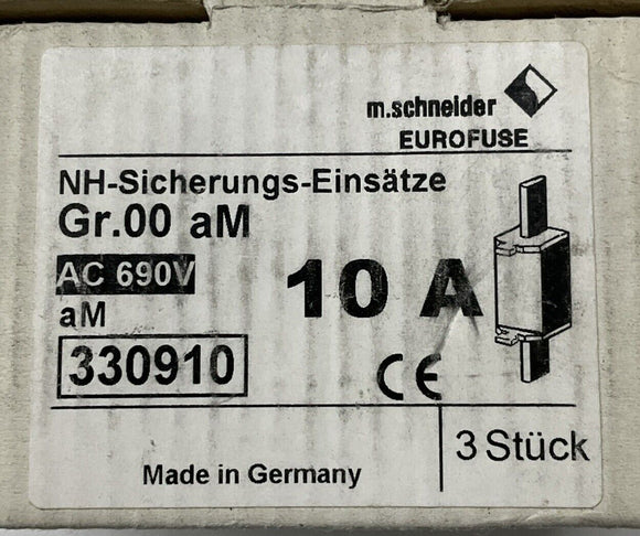 M.Schneider 330910 330-910 NH-00 Gr.00 aM Eurofuse 10A 690 VAC. Box of 3