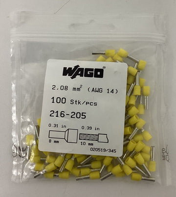 Wago 216-205 Ferrule 14 AWG Yellow Lot of 100