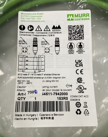 Murr 7000-44511-7942000 M12 4-Pole Shielded Male-Male Cable 20M - 0