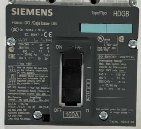 Siemens HDK3B100F HDGB Type 100-Amp Circuit Braker w/ Shunt