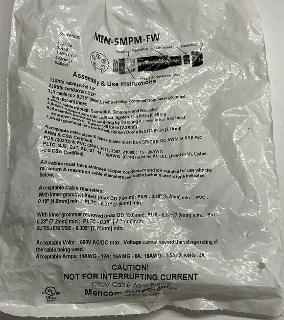 Mencom Min-5MPM-FW 7/8"-16 Male Straight 5-Pin Field Connector