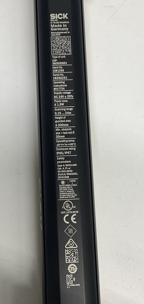 Sick 1081263 1081264 deTec4 12" Sender & Receiver Light Curtain Set