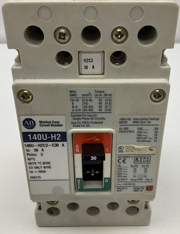 Allen Bradley 140U-H2C3-C30 Circuit Breaker 30A 480V, 3-Pole - 0