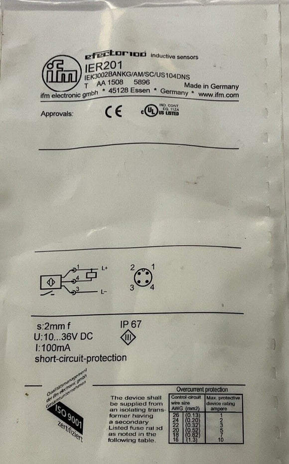 IFM Effector IER201 Inductive Sensor IEK3002BANKG/AM/SC/US-104-Dns