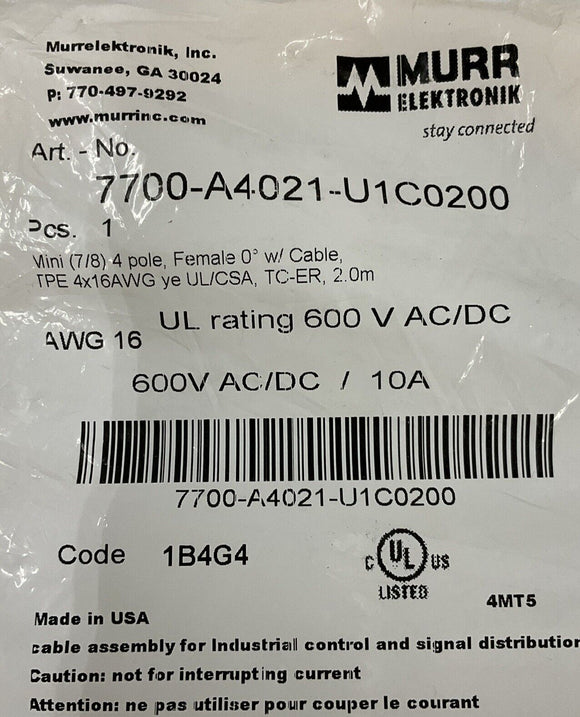 Murr 7700-A4021-U1C0200 Mini 7/8" 4-Pole, Female Power Cable 2 Meters