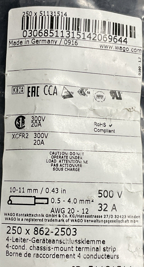 Wago 862-2503 Terminal Block 4 Pole Chassis Mount Awg 20-12 Lot of 250