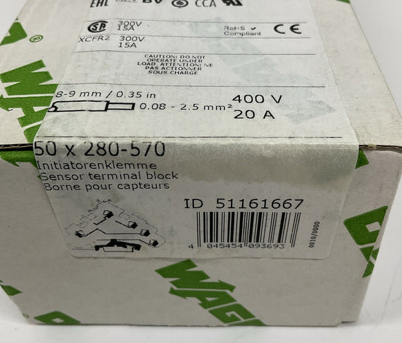 Wago 580-570 4-Wire Sensor Terminal Blocks DIN Mount, Box of 50