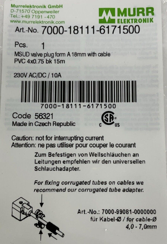 Murr Elektronik 7000-18111-6171500 A-18 MSUD Valve Plug with 15M Cable