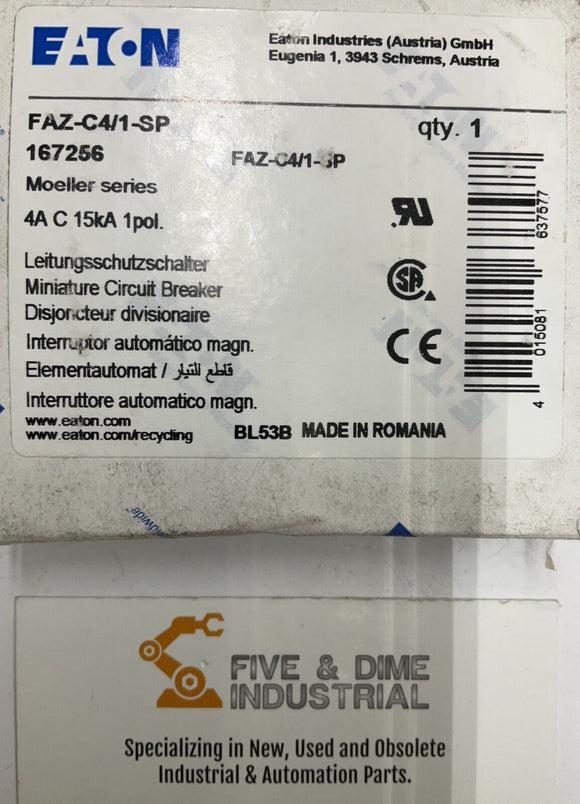 Eaton FAZ-C4 / 1SP / 167256 Circuit Breaker DIN Mount 4 Amp