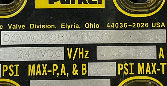 Parker D1VW020BVJCM56 Hydraulic Valve 24 VDC, 1500/5000 Psi