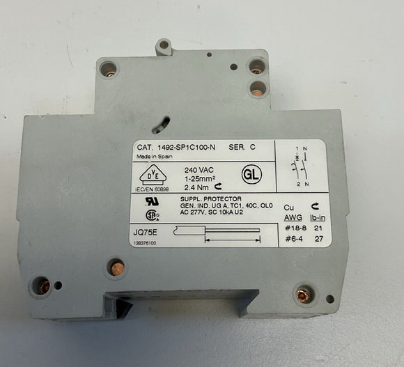 Allen Bradley 1492-SP1C100-N Circuit Breaker 10A  Ser C. 240V DIN Mount