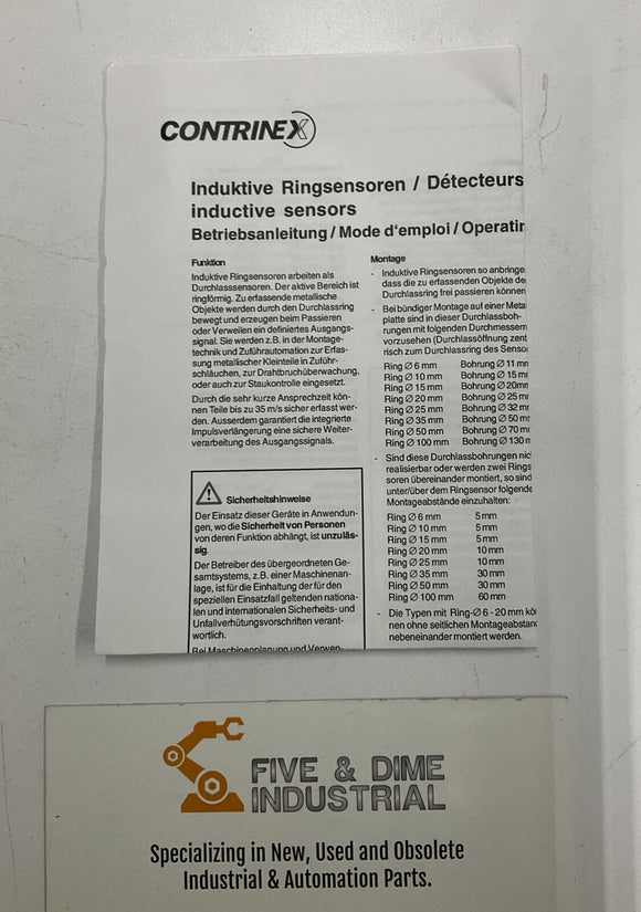 Contrinex  DAS-0020-003 Inductive Proximity Sensor Ring, 10-30VDC, 4-Pin