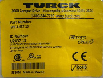 Turck WK4.43T-10 Cordset 4-Wire M12, 90 degrees Female Single-end U2437-13
