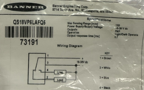 Banner QS18VP6LAFQ5 Photoelectric Sensor Sense 150mm 10-30 VDC 73191