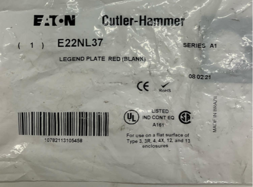 Cutler Hammer Eaton E22NL37 Blank Red Legend Plate