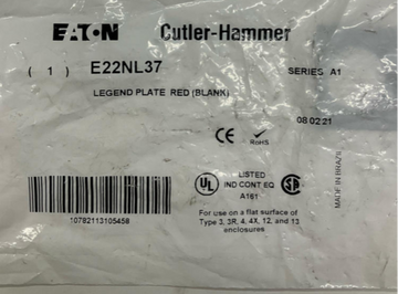 Cutler Hammer Eaton E22NL37 Blank Red Legend Plate - 0