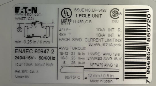 Eaton WMZT1C01 1-Amp Din Mount Circuit Breaker 10kA Type C