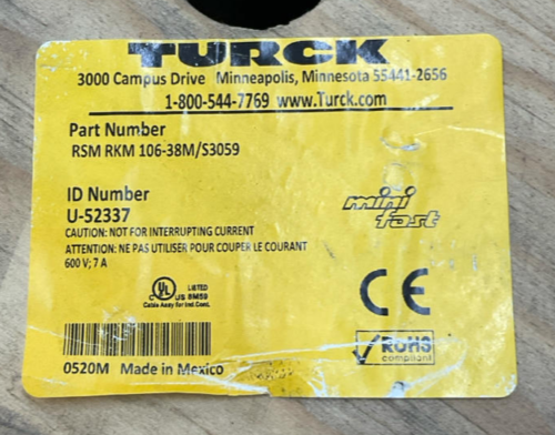Turck RSM-RKM-106-38M/S3059 Cable Male-Female 10-Pin 1-1/8" Minifast