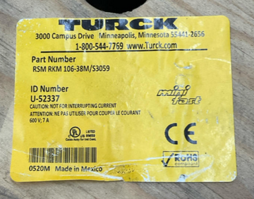 Turck RSM-RKM-106-38M/S3059 Cable Male-Female 10-Pin 1-1/8" Minifast - 0