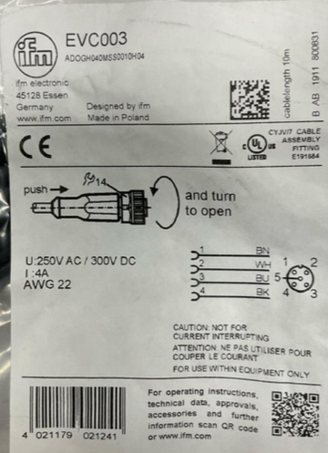 IFM Efector EVC003 M12 4-Pole Single End Cable 10-Meter